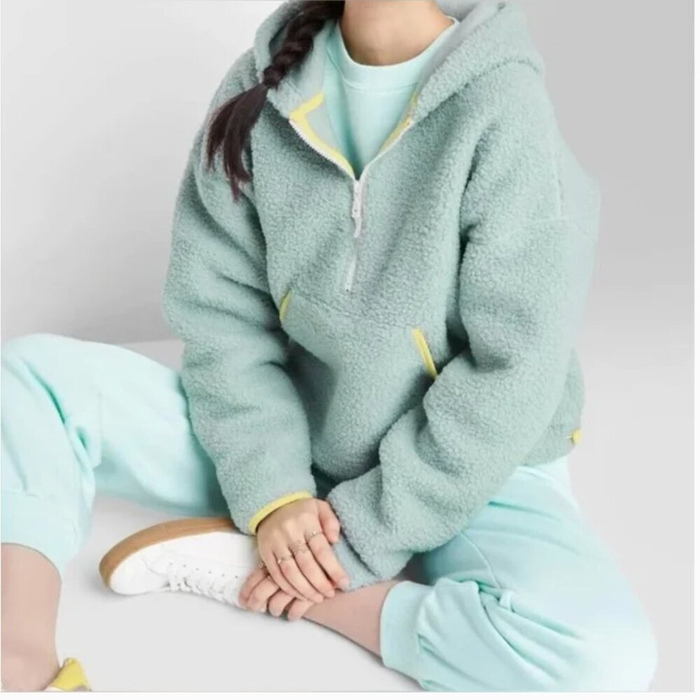 Wild Fable Sherpa Pullover Half Zip Fleece Sweater Top Teal Blue New Size Small
